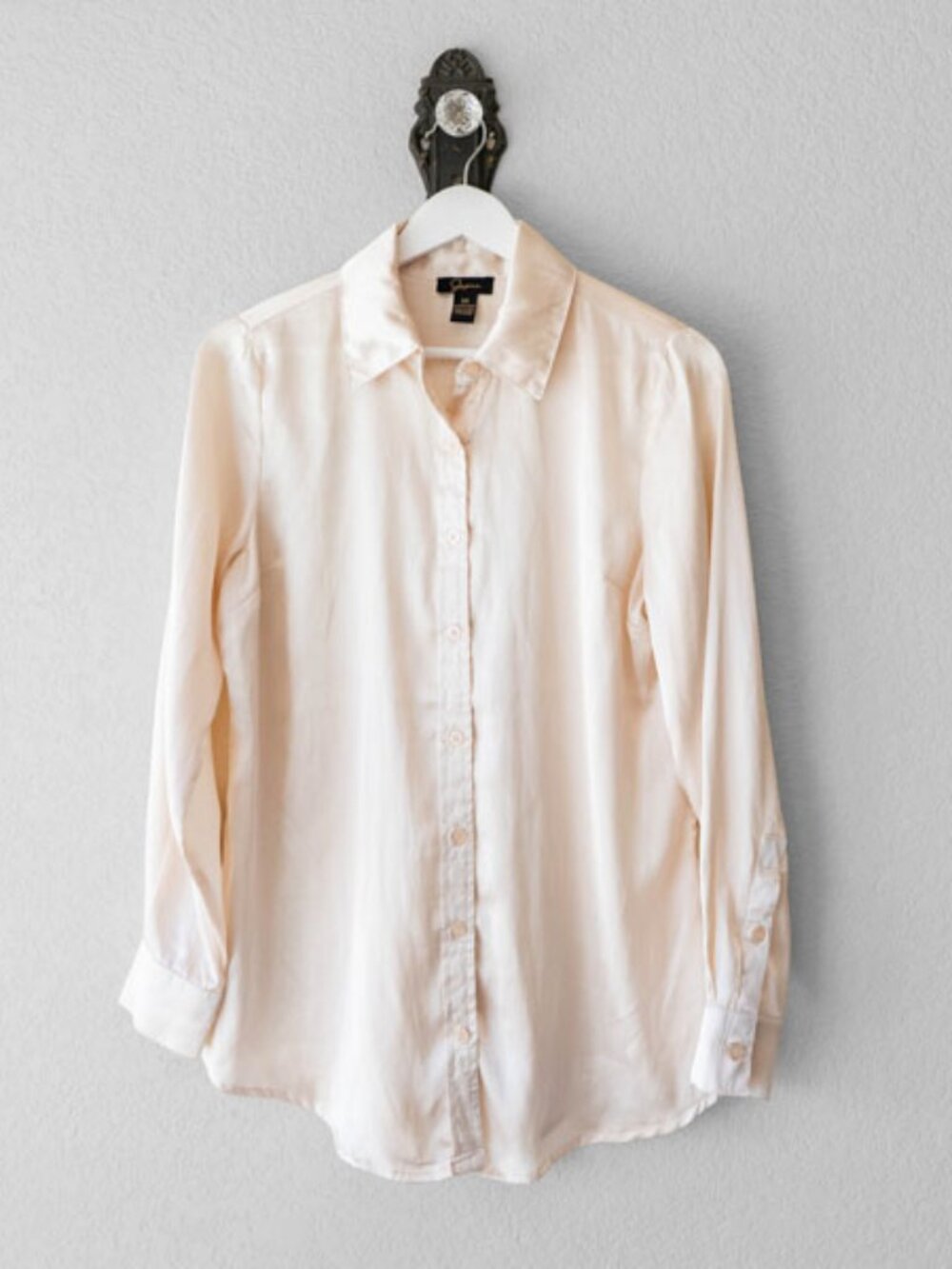 Japna Beige Satin Button Up Blouse Medium Long Sleeve Silky Office Career Top